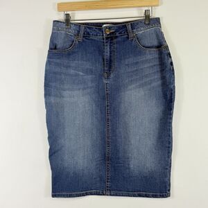 Downeast DE Collection Denim Pencil Skirt Womens Medium Midi Preppy Distressed‎